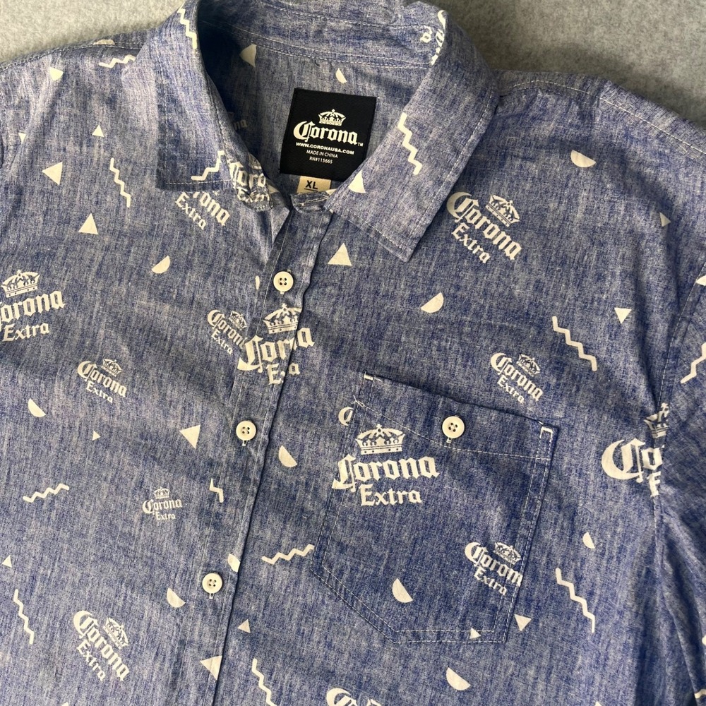 Corona Extra Button Up Shirt XL Blue All Over Print Beer Logo Casual Short Sleev
